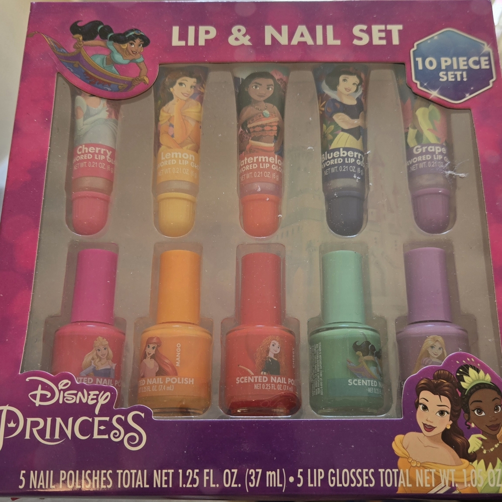 Disney Princess Lip & Nail Set - Red, Yellow, Green, Purple 10 Piece Set NIB
